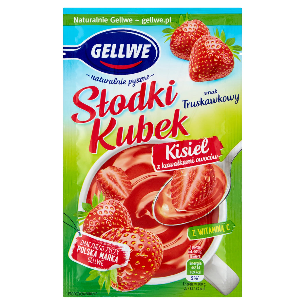 GELLWE SLODKI KUBEK KISIEL Z KAWALKAMI OWOCOW TRUSKAWKA 30G